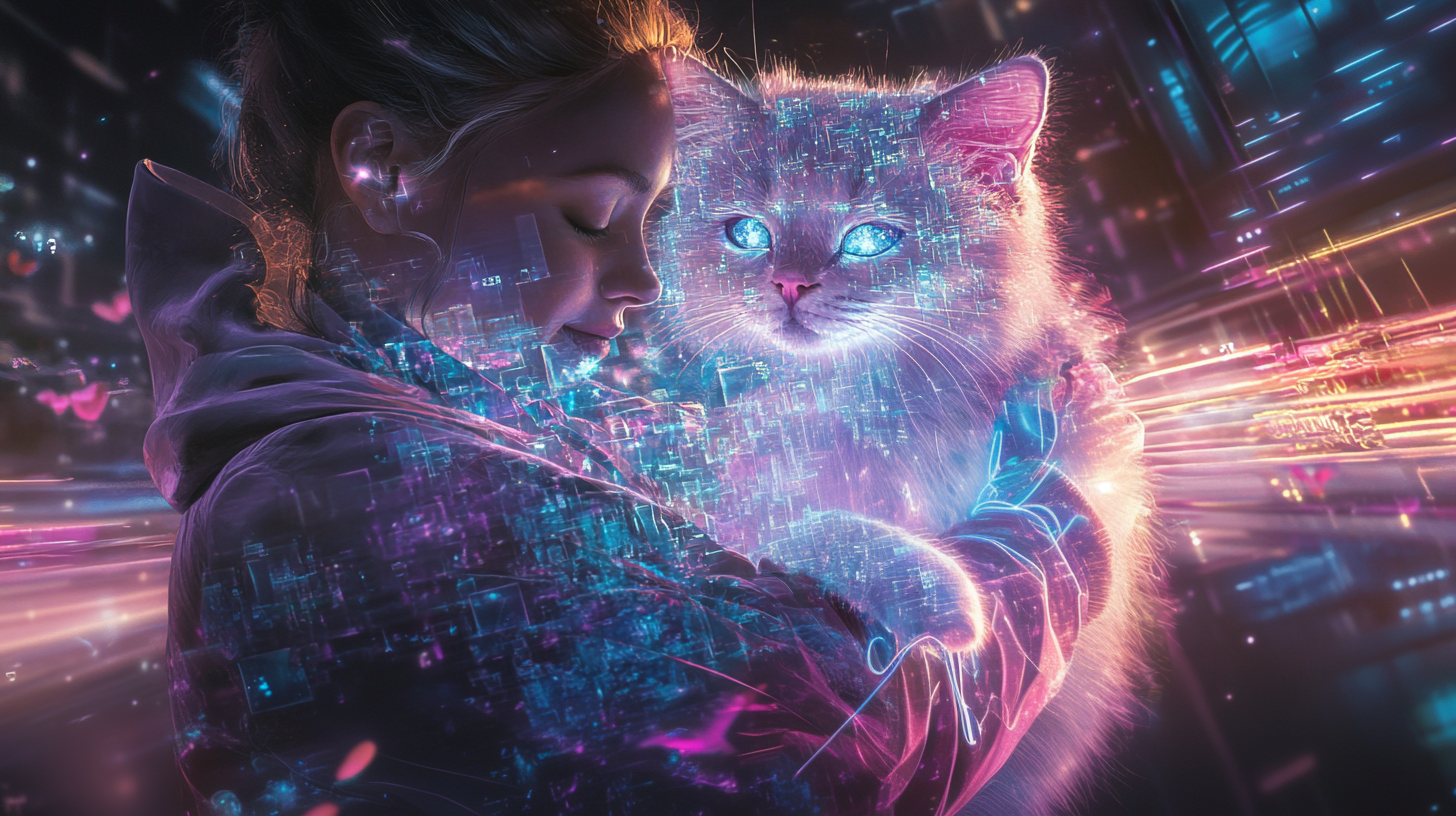 赛博空间中女孩与数字猫的科技幻想